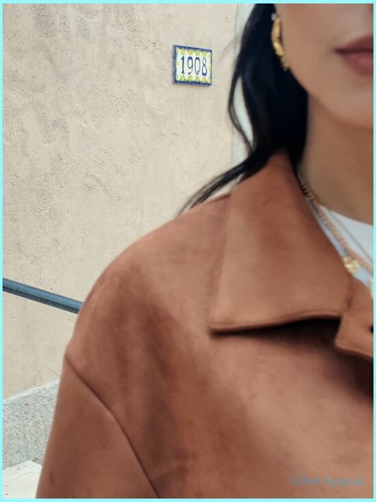 Cropped Faux Suede Jacket Lapel Collar Button Down Lightweight Shacket - Picture 6 of 6